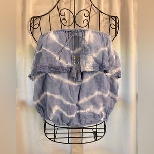 American Eagle Outfitters Strapless Blue Tie Dye Boho Top with Ruffle Size S